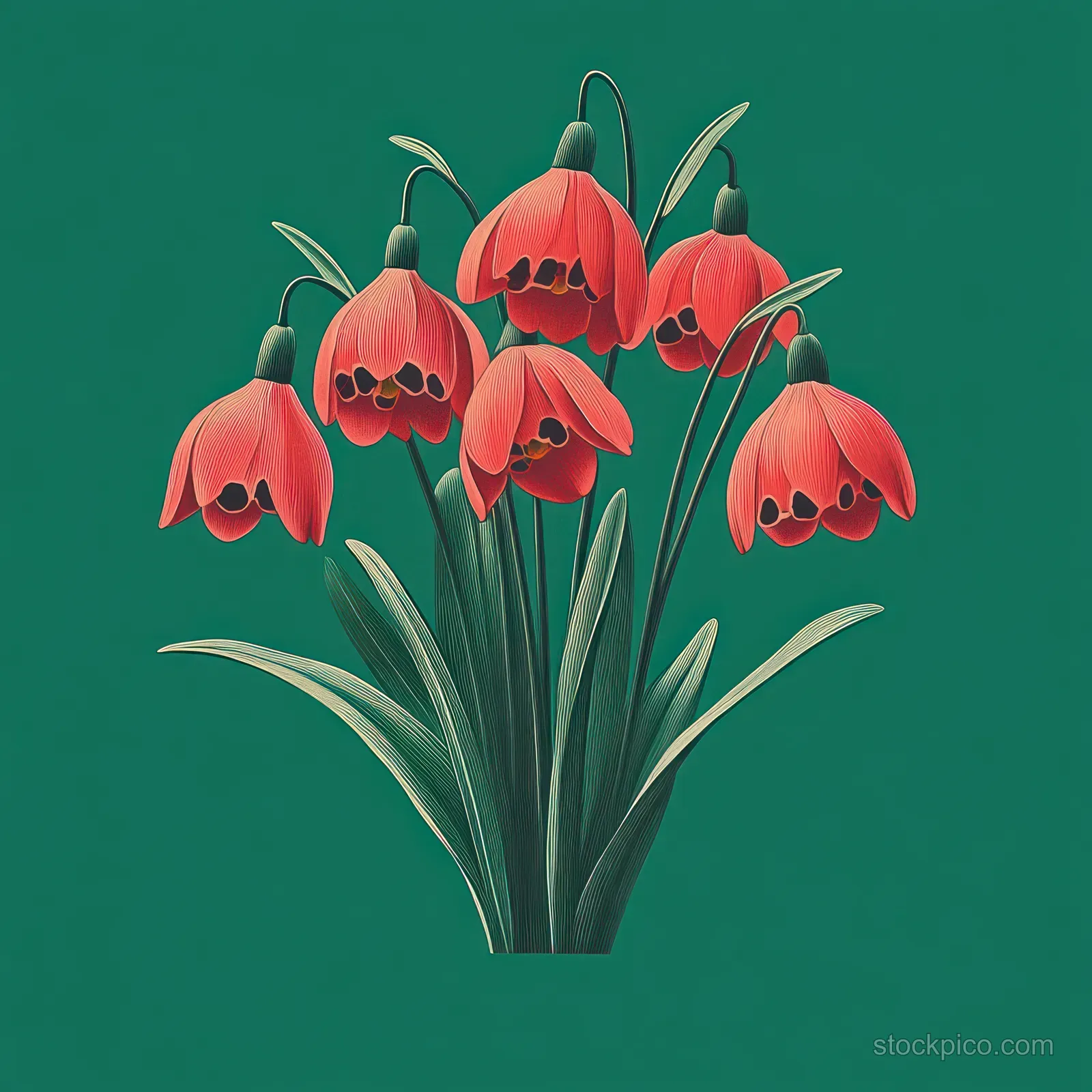 Six red bell-shaped flowers with dark centers hang above long green leaves on a teal background.