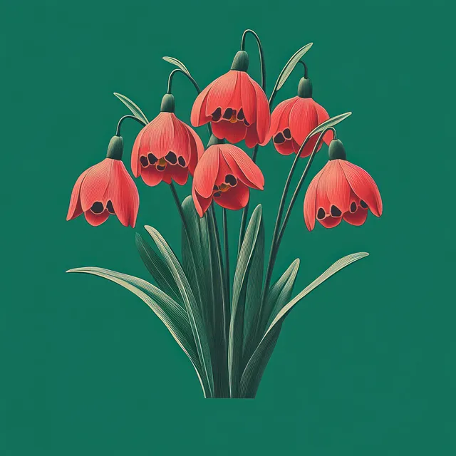 Six red bell flowers with dark centers hang above green leaves on a solid teal background