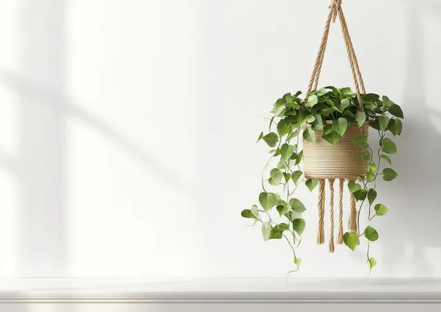 A hanging macramé plant with trailing green leaves next to a minimalist arrangement of books on a white wall.