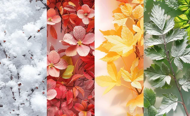 Four vertical panels display winter snow, spring blossoms, summer green leaves, and autumn foliage.