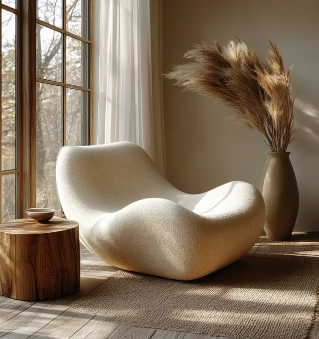 Cream modern armchair sits by a bright window with dried pampas grass in a vase and a wooden side table.