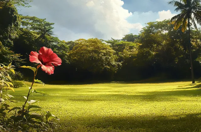Red hibiscus bloom in sunlit green garden beside tall trees under blue partly cloudy sky