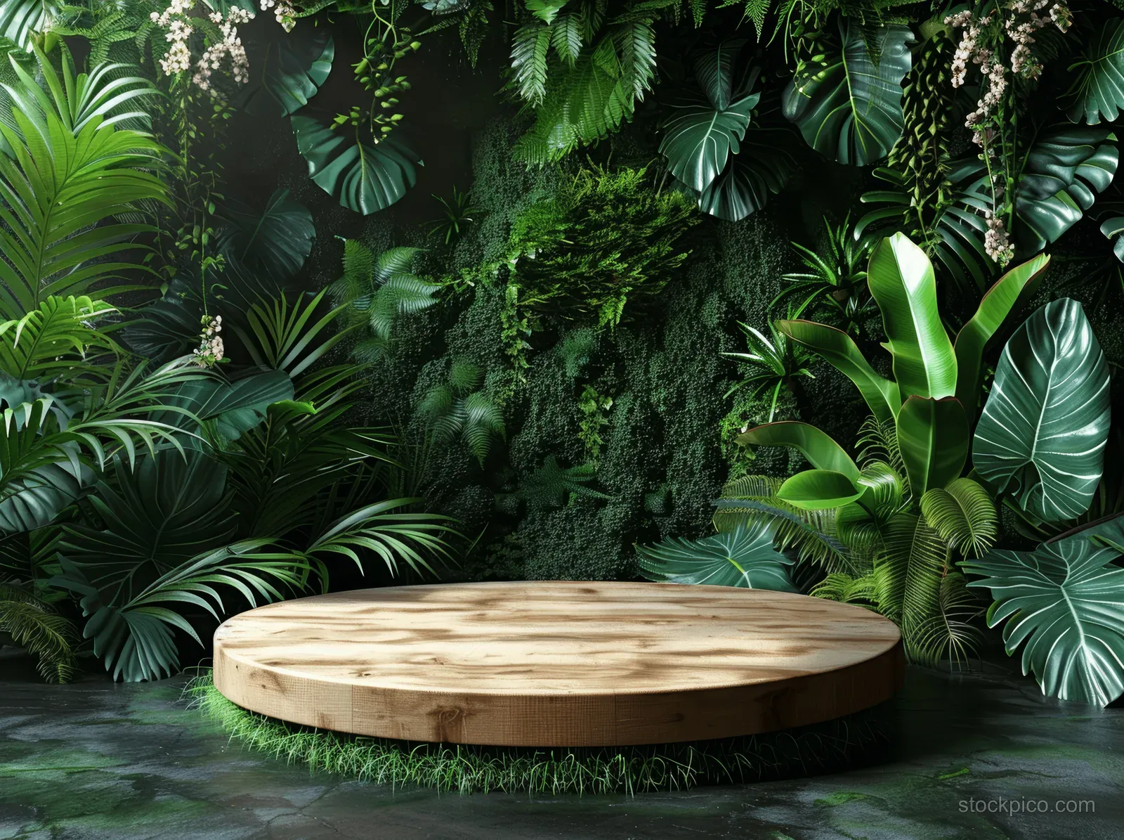 Round wooden podium centered in a dark tropical jungle set, surrounded by layered green leaves and ferns.