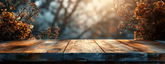 Rustic wooden table holds wildflowers under warm sunlight with a softly blurred forest background behind them.