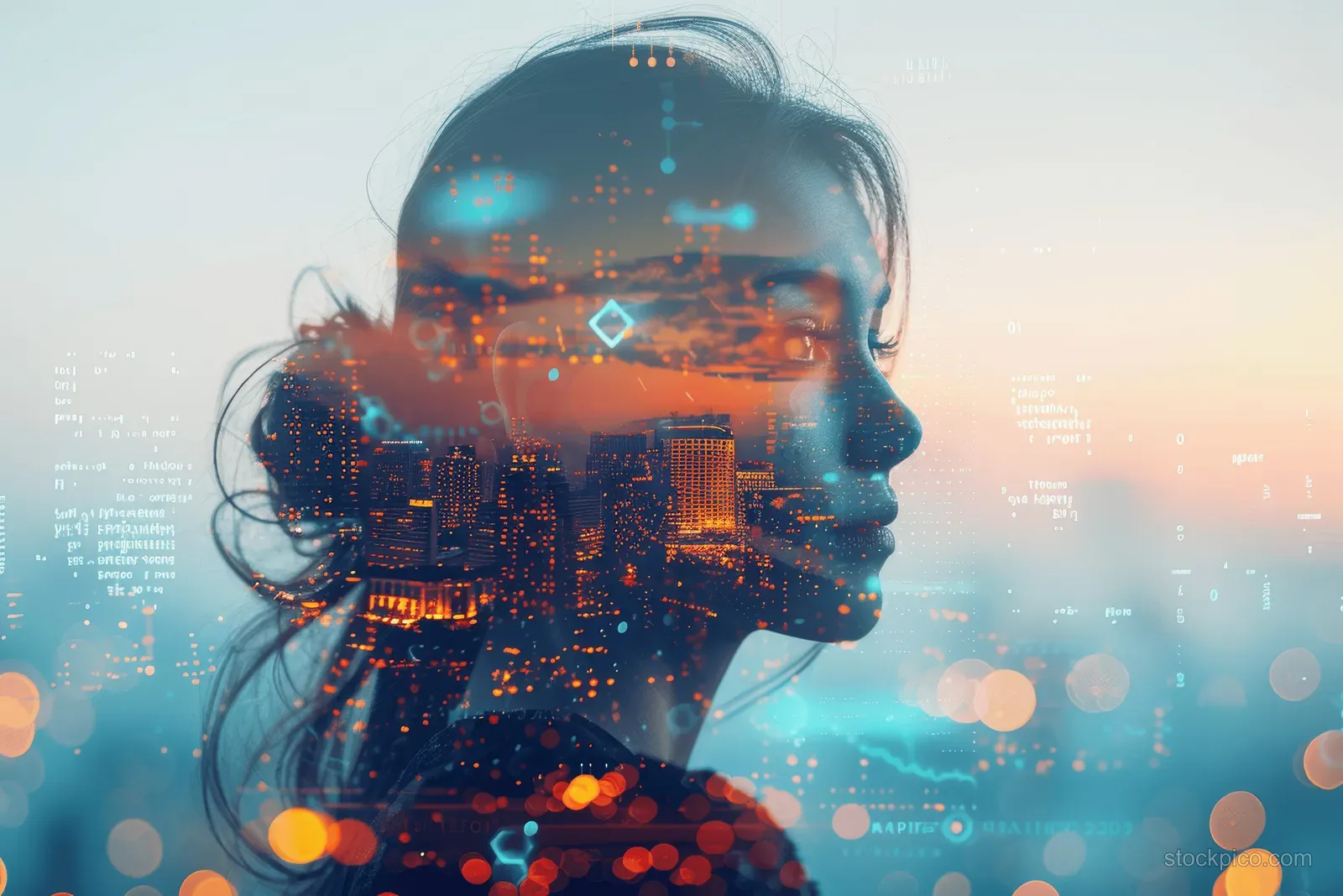 Woman profile silhouette layered with glowing digital identity data and a smart city skyline at dusk.