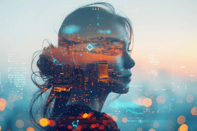 Woman profile silhouette layered with glowing digital identity data and a smart city skyline at dusk.