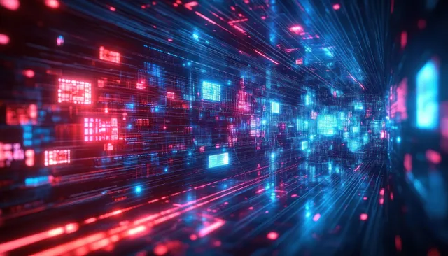 Red and blue glowing data streams move through a digital network tunnel.