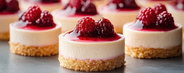 Close-up mini cheesecakes with berry sauce and fresh raspberries on a dark slate
