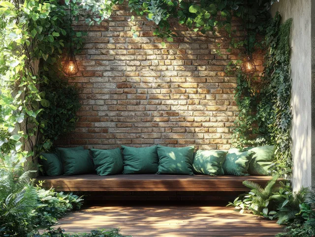 A wooden bench with green cushions rests on a patio beside a rustic brick wall covered in vines and warm lights.