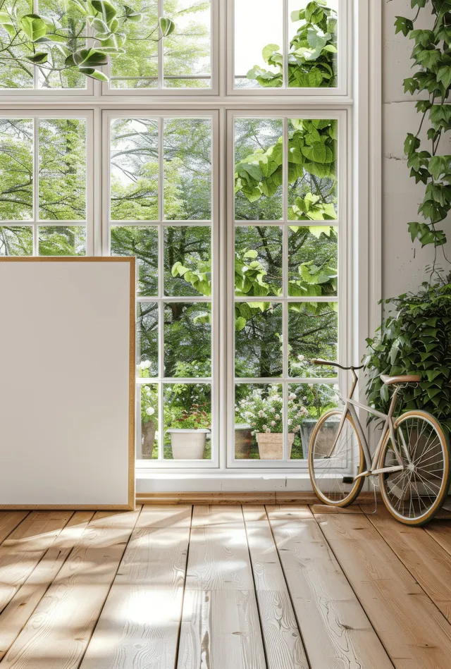 White framed blank canvas leans beside a sunlit window, with a bicycle and green trees visible outside.