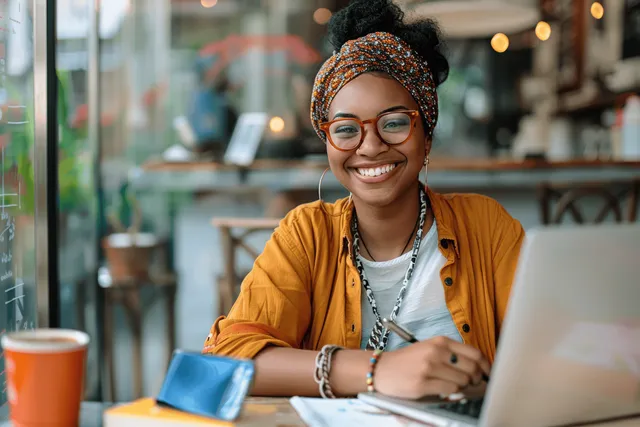 A smiling black woman studies at a coffee shop table with a laptop, smartphone, and notebook.