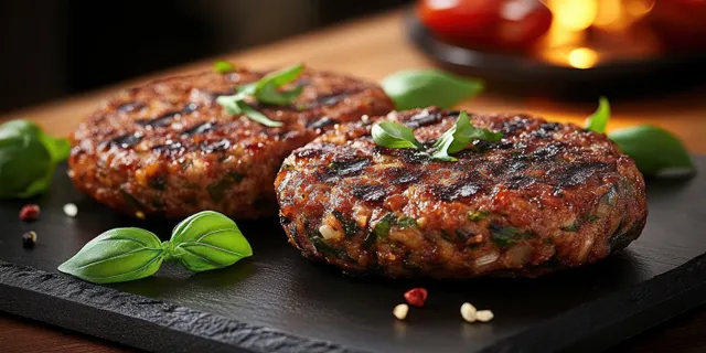 Grilled plant-based vegan burger patties on a slate board with herbs and spices