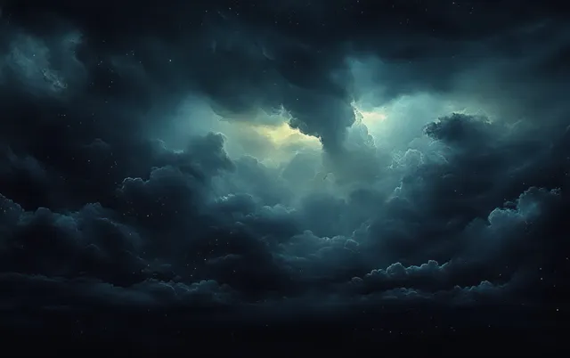 Dark swirling storm clouds fill the night sky with a soft glowing opening of light.