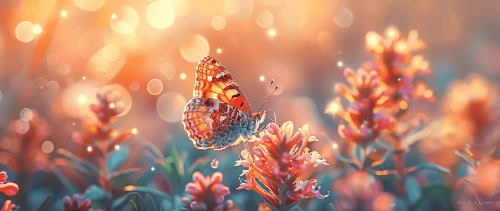 A butterfly perched on colorful flowers in a sunrise meadow with soft pastel bokeh in the background.