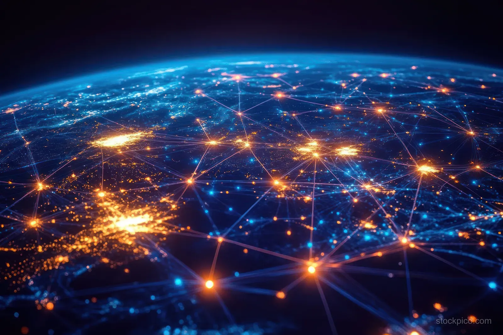A futuristic visualization displays glowing nodes and connection lines across a curved digital Earth in deep space.