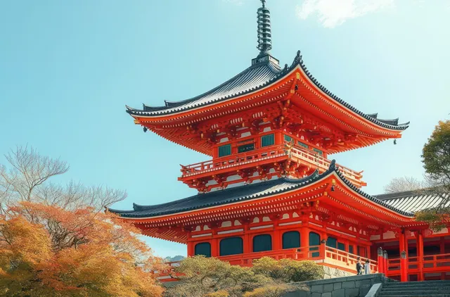 Red multi-tiered Japanese pagoda with ornate roofs surrounded by autumn trees under a clear blue sky.
