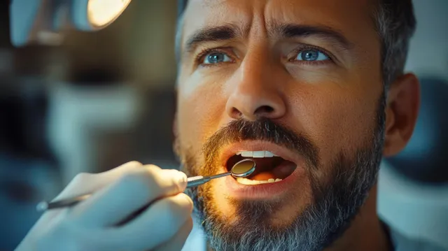 A dentist’s mirror and light illuminate a bearded man’s open mouth during a close-up dental examination.