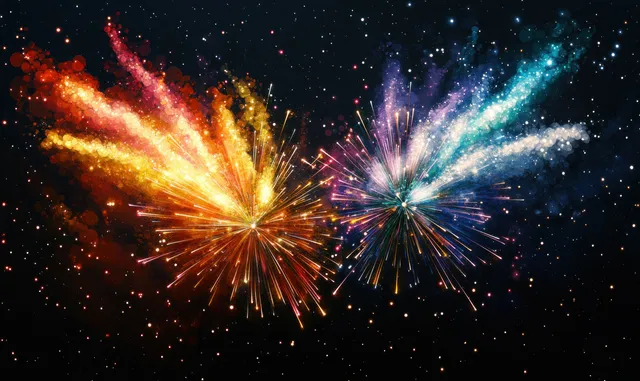 Impressionist fireworks burst over night sky with swirling blue and gold trails