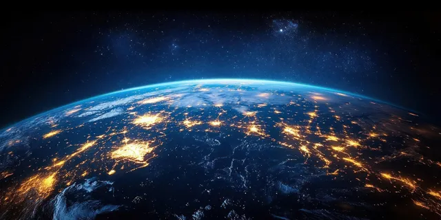 Earth seen from space at night with glowing city lights across Europe