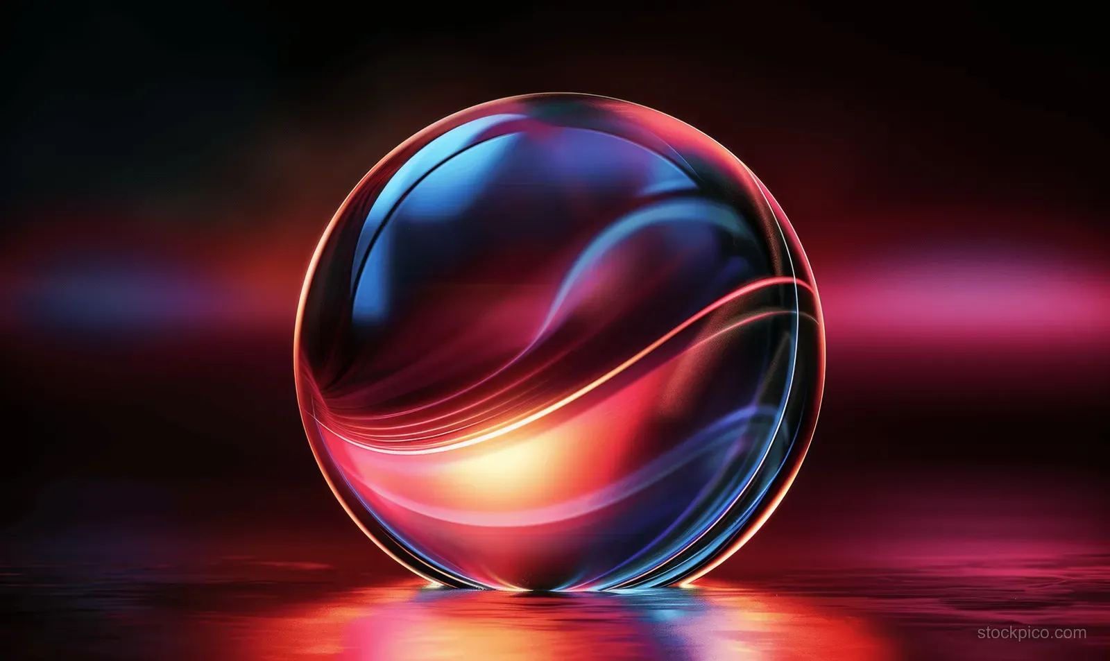 Iridescent glass sphere glowing with neon blue and red reflections on a dark gradient background.