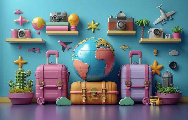 Cartoon travel scene with a central globe, two stacked suitcases, airplane icons, and small cameras and stars around.