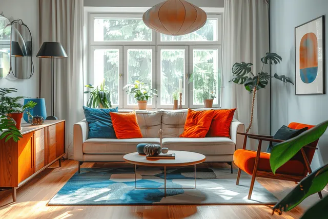 Bright Nordic living room with a white sofa, orange and blue cushions, wooden sideboard, and modern lighting by large windows.