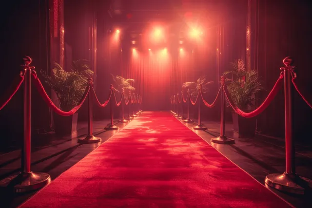 Red carpet entrance at classic Hollywood premiere with glowing flashlights and velvet ropes