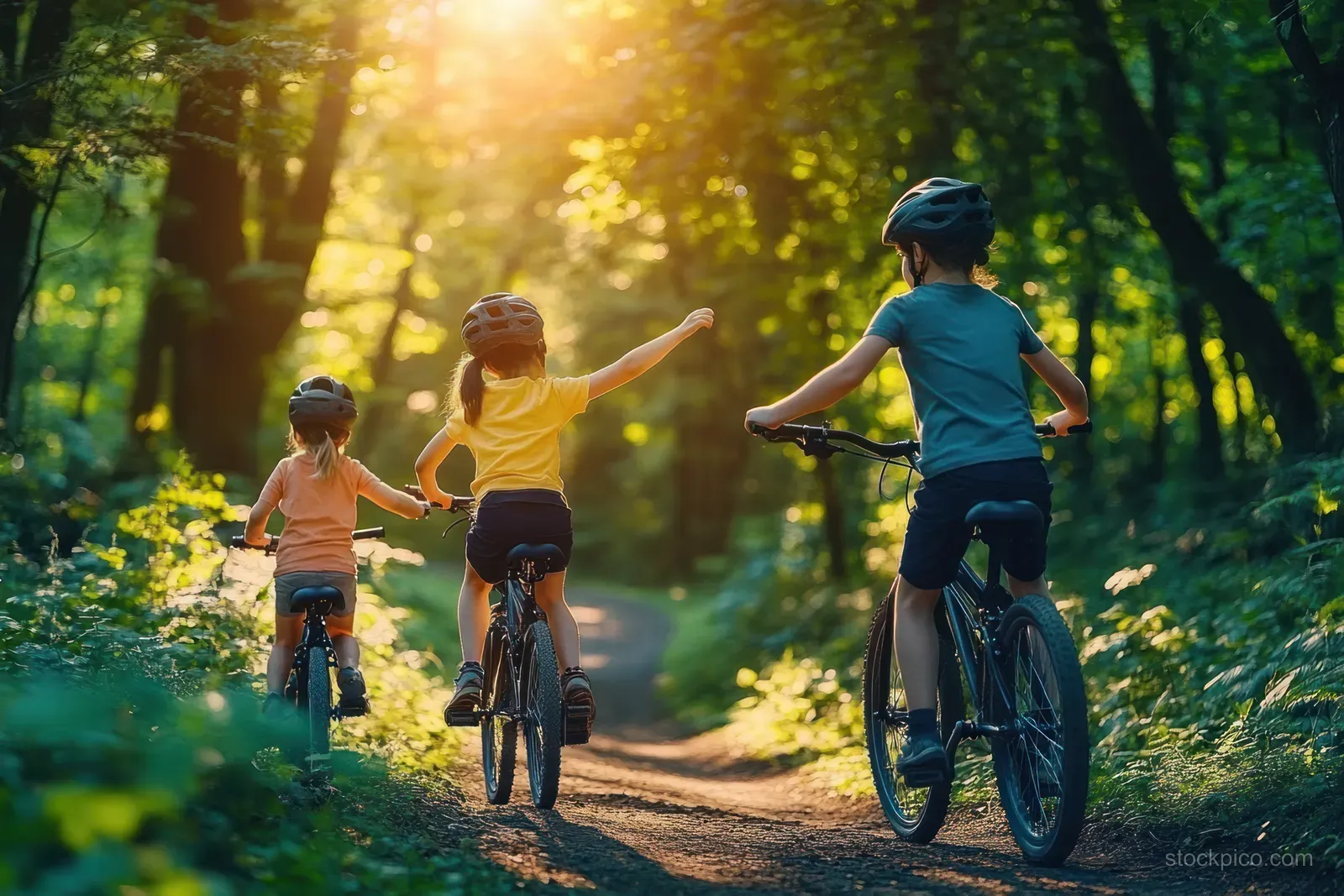 Helmed children and parents on bicycles ride a sunlit forest trail while one gives a high-five.