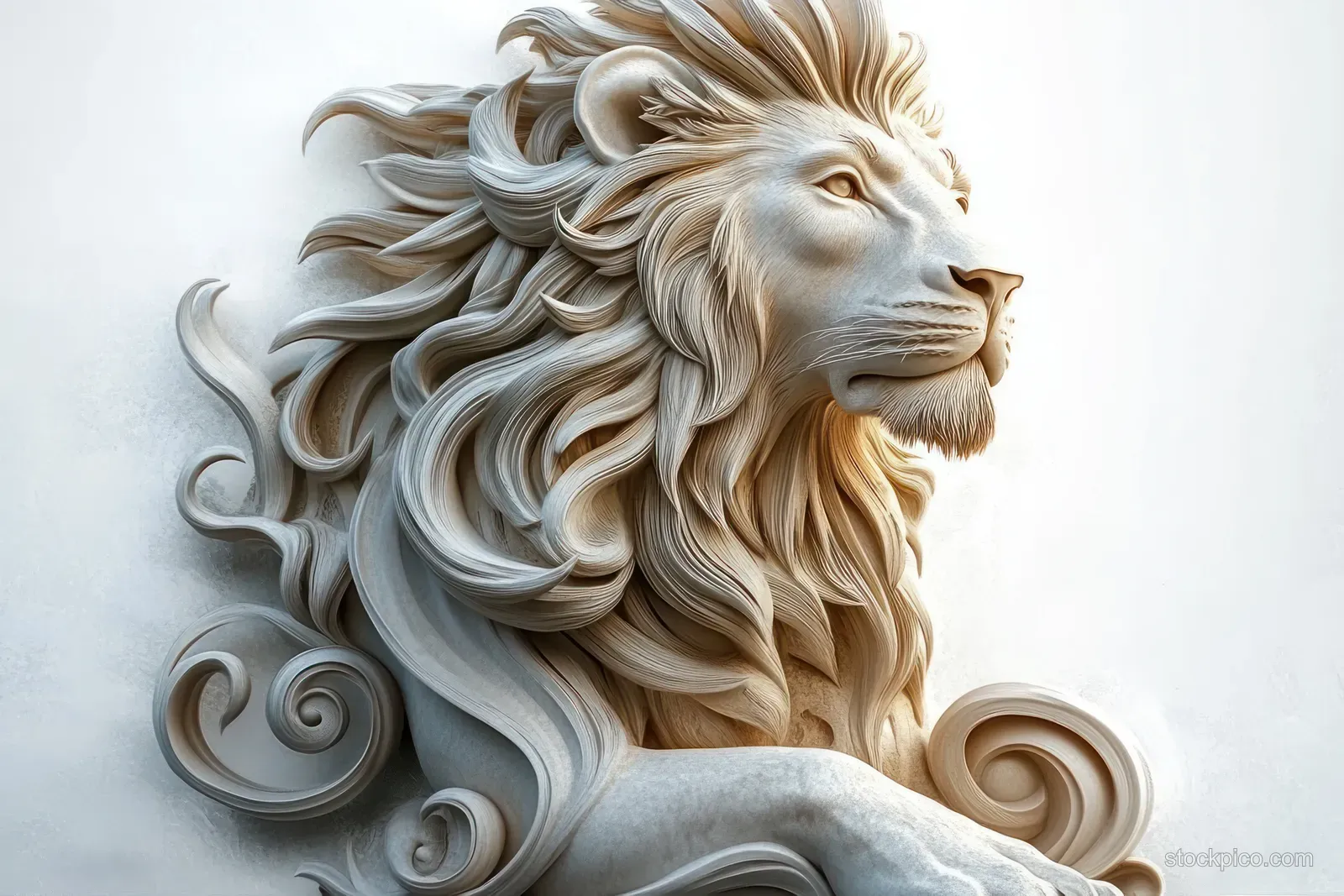 A carved stone lion sculpture with a flowing mane and dignified profile surrounded by swirling ornament details.