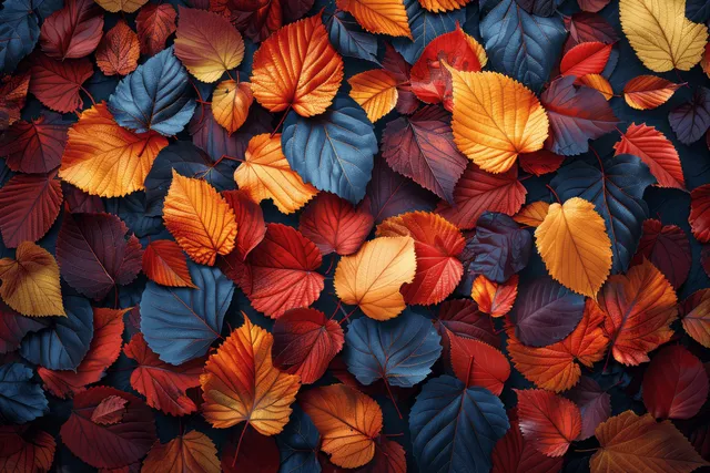 Autumn leaves seamless pattern with orange, red, and yellow foliage on dark textured background