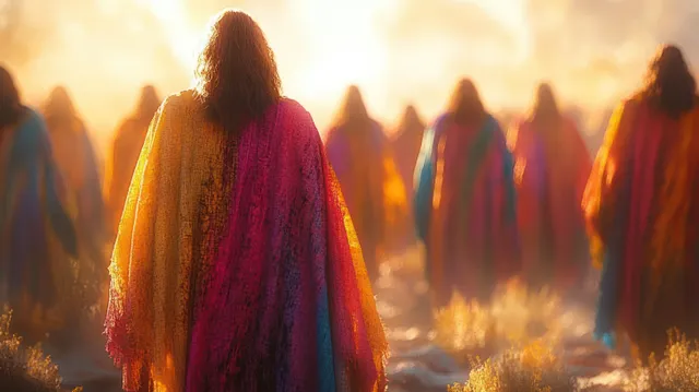 Joseph in a bright multicolored cloak walks forward through a golden-hour crowd under warm dusty light.