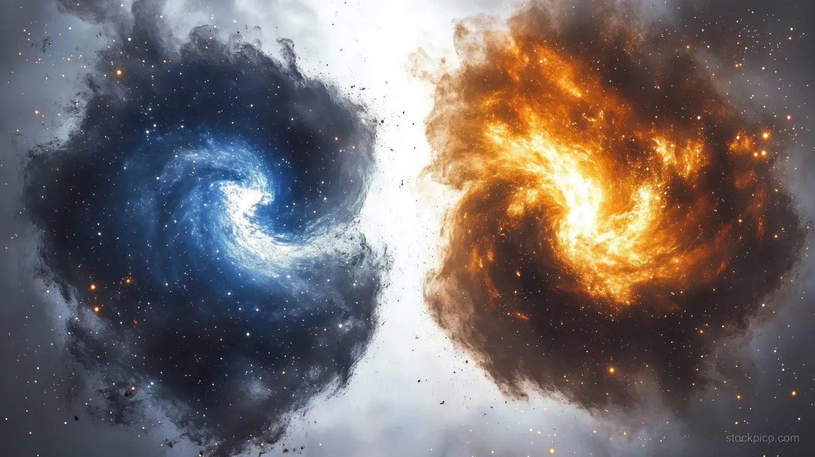 Blue and orange nebulae swirl and collide, surrounded by scattered stars and cosmic dust in deep space.