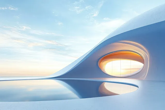 Curved concrete interior with an oval window casting warm sunset light and soft sky tones.