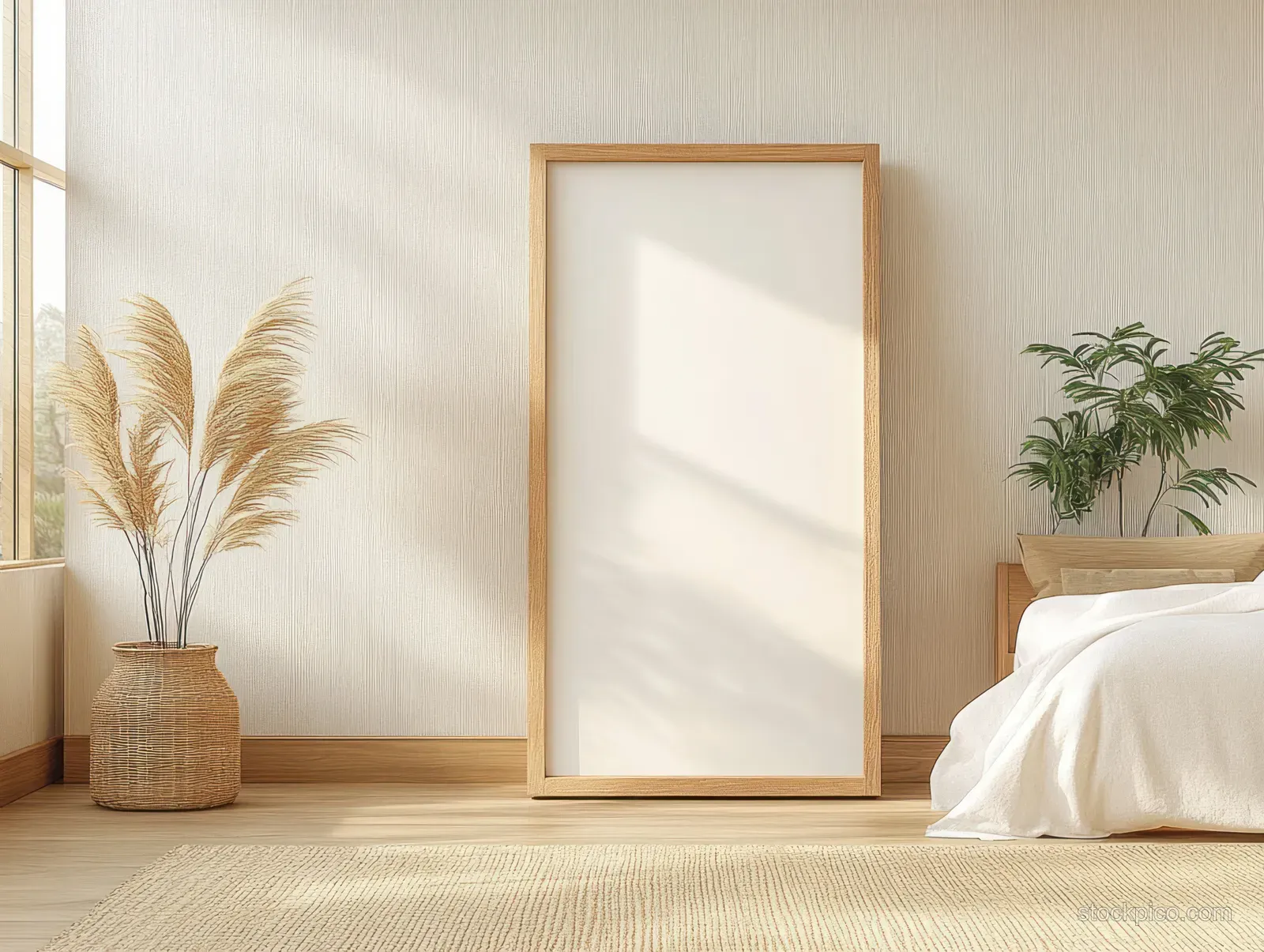 A vertical framed poster mockup on a light wood wall in a Scandinavian bedroom with sunlight and a potted trailing plant.