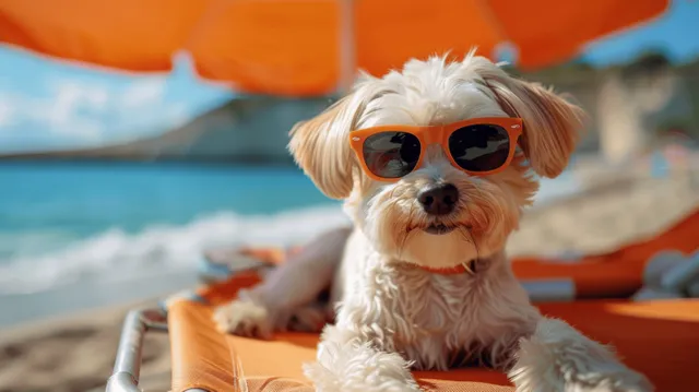 A Havanese dog in sunglasses lounges on a beach chair under an orange umbrella with the ocean in the background.