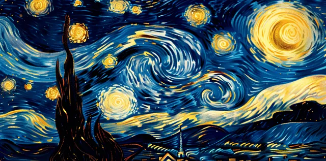 Ocean waves swirl like a starry night, blue and gold watercolor with glowing moon bursts