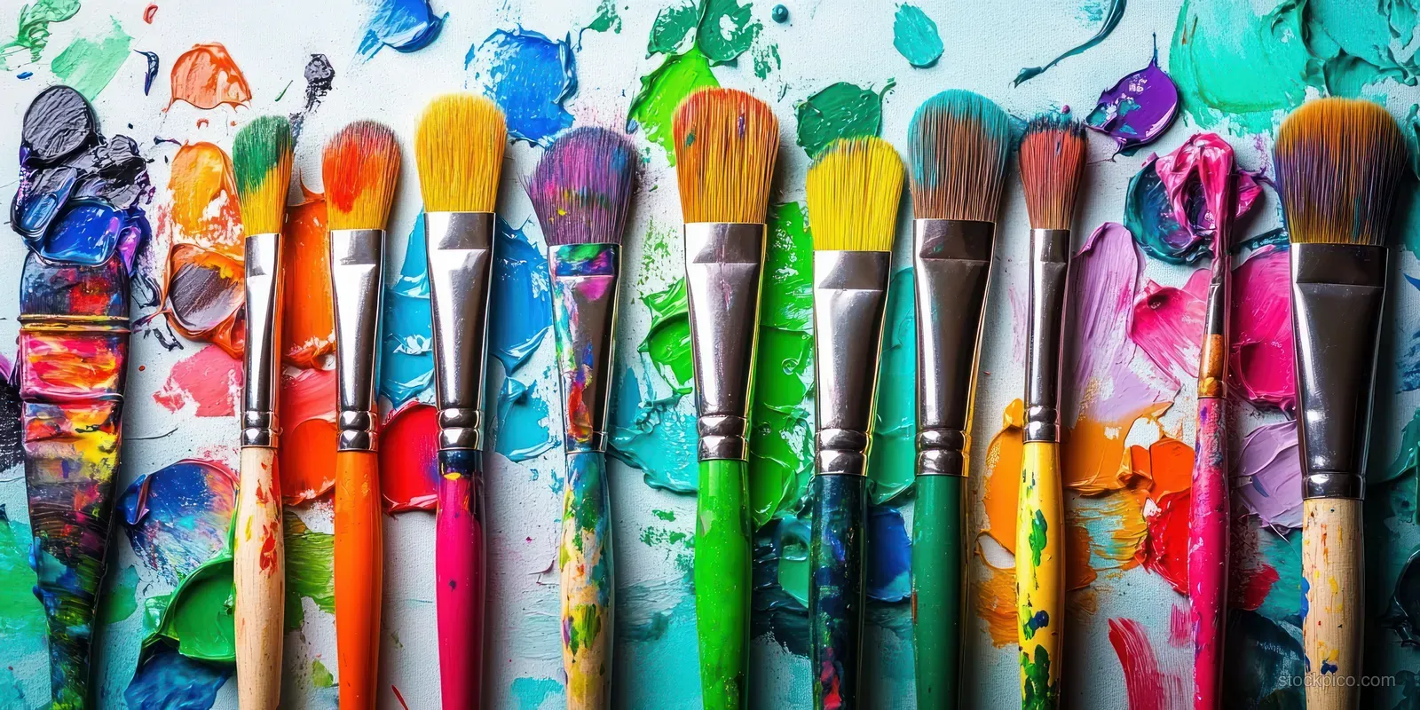 Paintbrushes lined up on a paint-splattered surface with bright colorful streaks.
