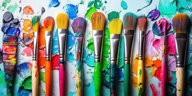 Paintbrushes lined up on a paint-splattered surface with bright colorful streaks.