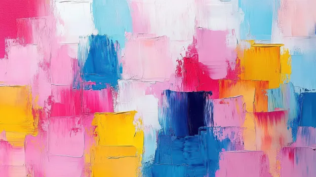 Seamless abstract background of textured pink, blue, and yellow paint blocks with rough brushstroke edges.