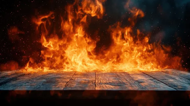 Burning wooden table with blazing flames and smoky embers on dark background