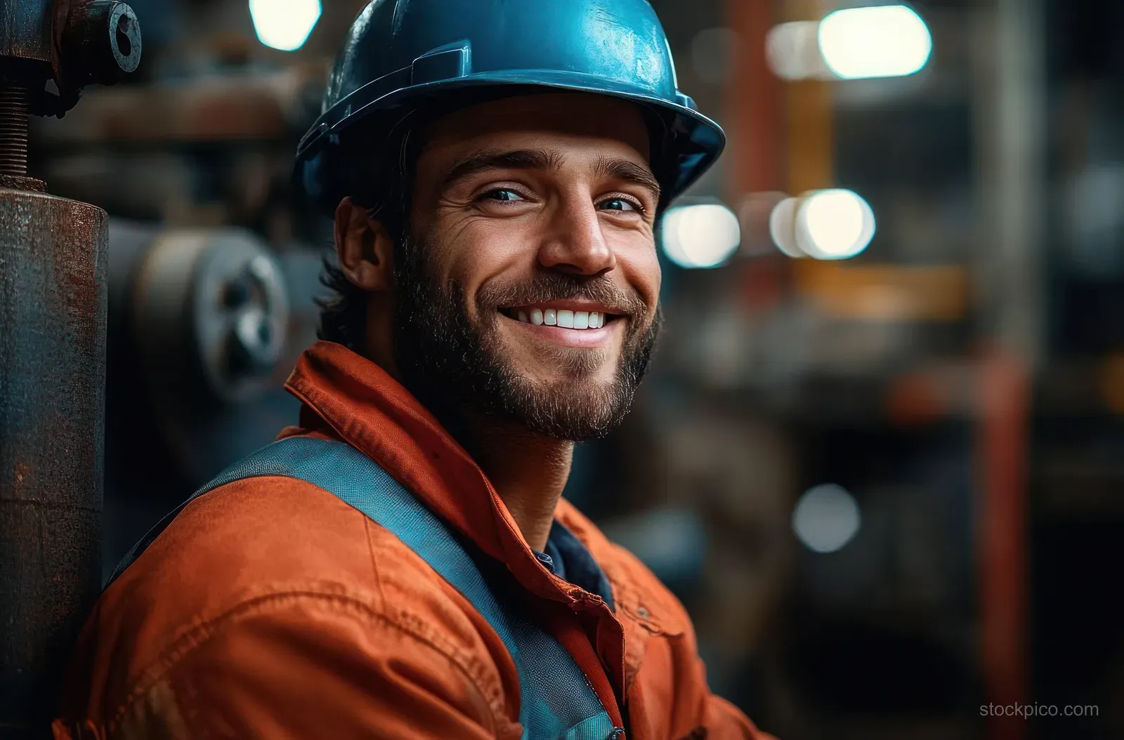 Smiling worker in orange coveralls and blue helmet stands in a factory workshop with machinery in the blurred background.