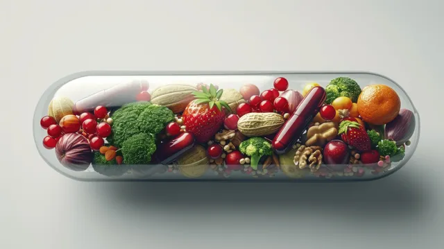 A transparent capsule filled with fruits, vegetables, herbs, and nuts sits on a clean light background.