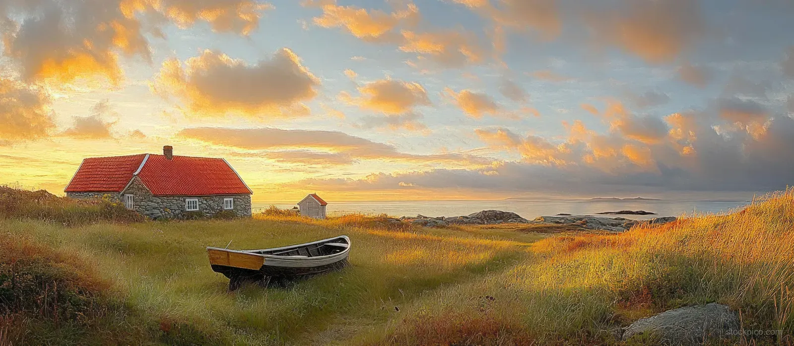 Red-roof stone house and small boat sit on grassy shore under a warm sunset sky with calm sea beyond.