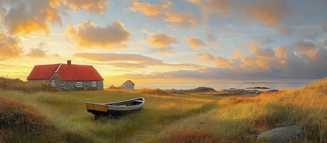 Red-roof stone house and small boat sit on grassy shore under a warm sunset sky with calm sea beyond.