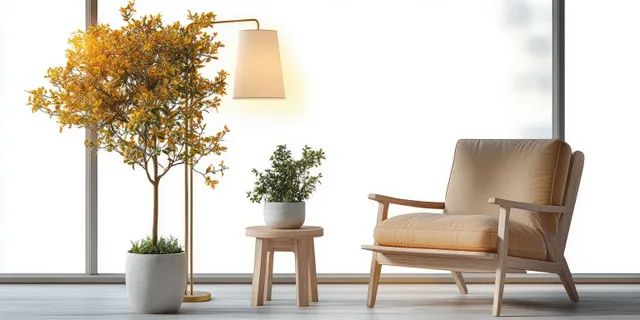 Cozy modern sitting area with cushioned armchair, small stool, and sunlit yellow tree planter