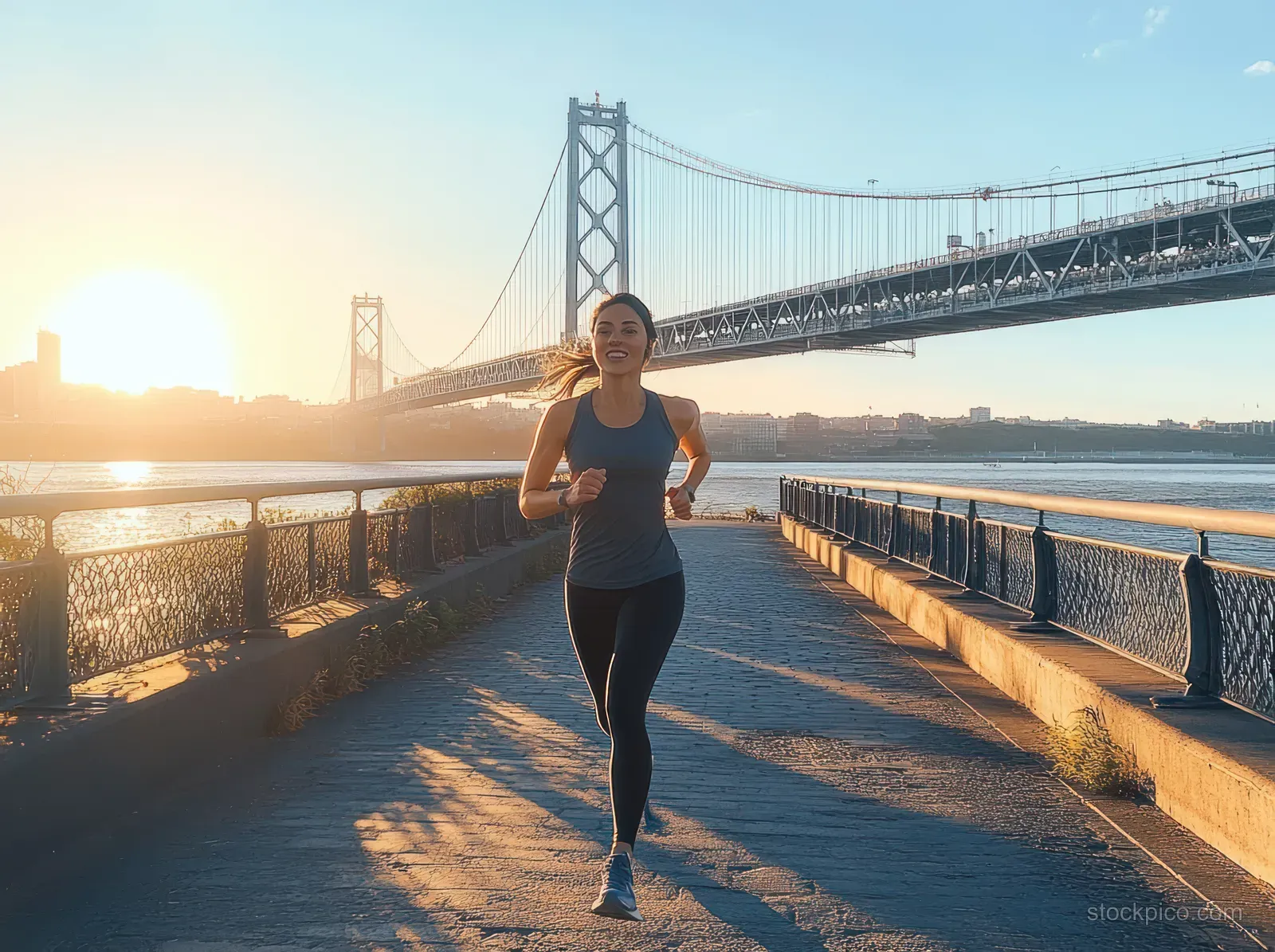 A young woman jogs along a waterfront path at sunrise with a suspension bridge visible in the background.
