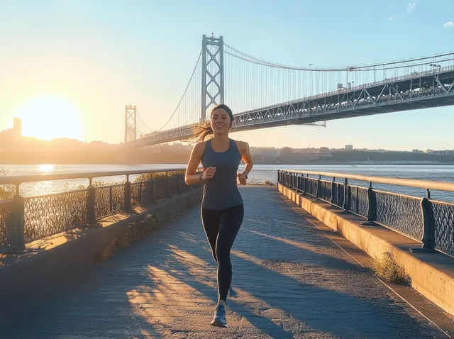 A young woman jogs along a waterfront path at sunrise with a suspension bridge visible in the background.