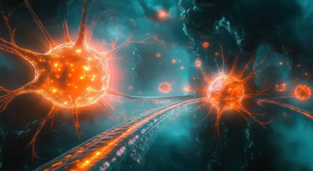 Glowing neurons linked by orange fibers, misty dark network showing active signal sparks