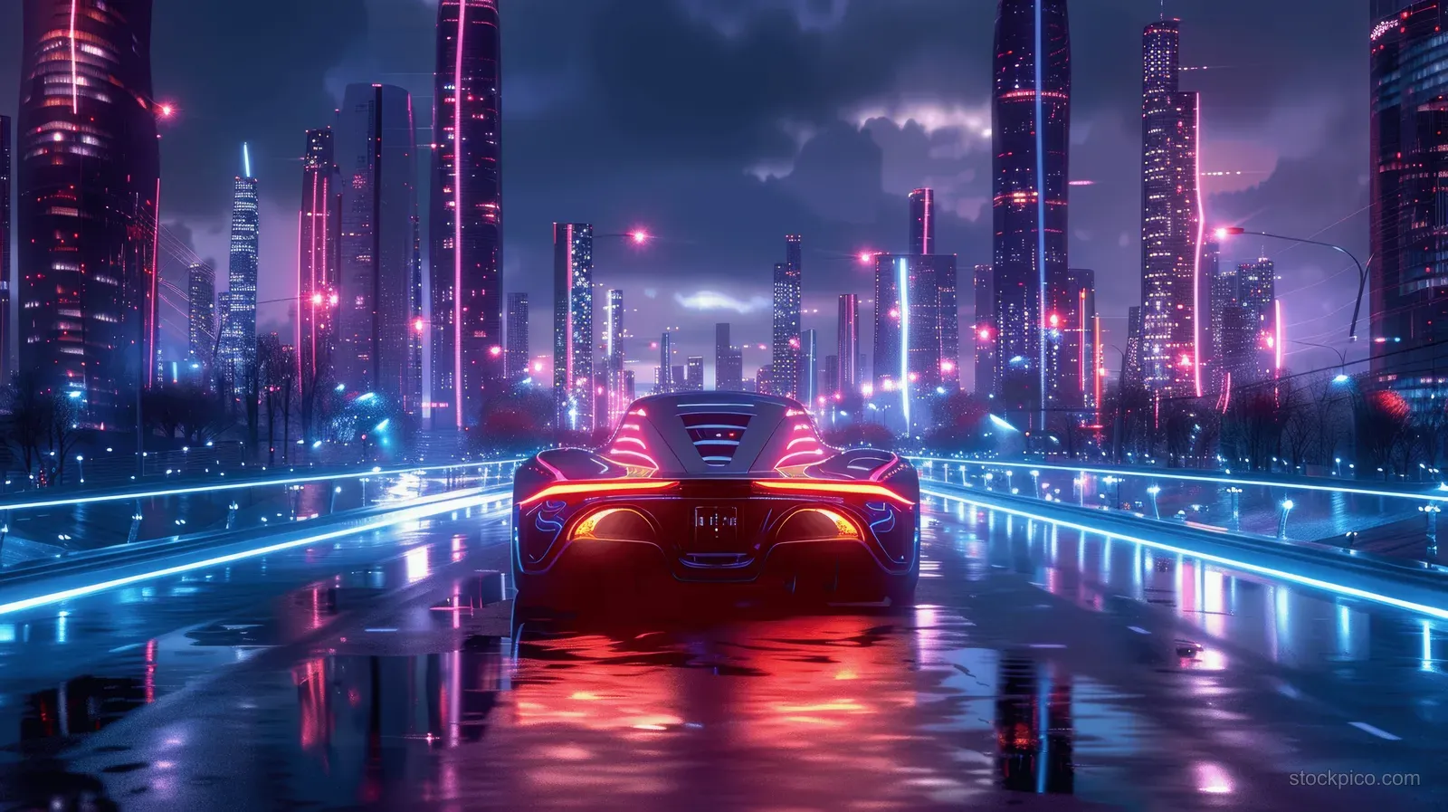 A neon blue electric sports car speeds along a dark futuristic highway with red and blue light trails beside glowing skyscrapers.
