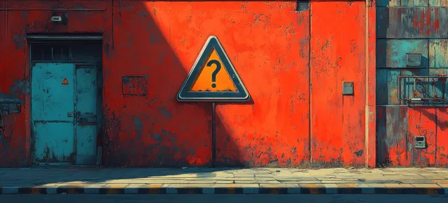 A dilapidated orange building facade displays a triangular warning sign with a question mark.
